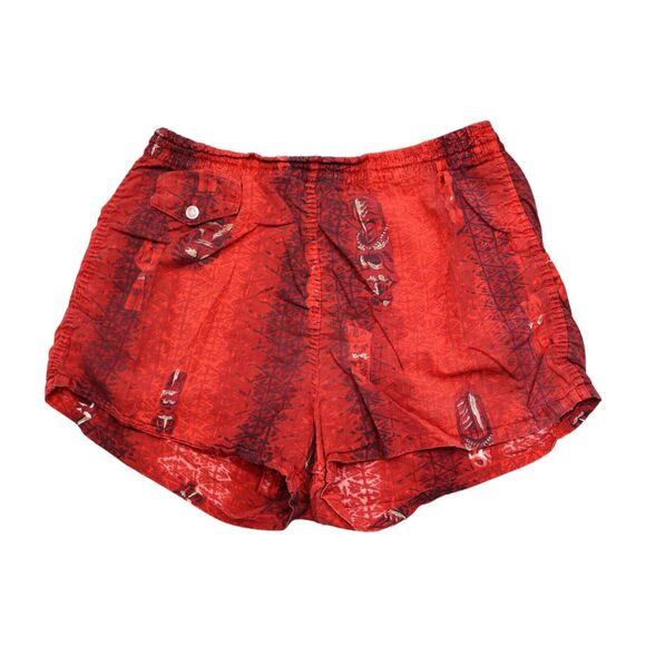 Swim Shorts Womens Red Elastic Waist Drawstring Button Pocket Graphic Print - Picture 1 of 14